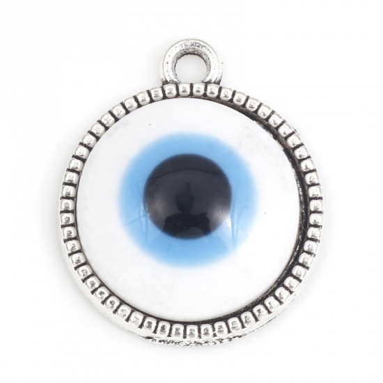 Imagen de Zamak Religión Colgantes Charms Ronda Plata Antigua Azul Mal de ojo Con Cabochons de la Resina 19.5mm x 16.5mm, 10 Unidades