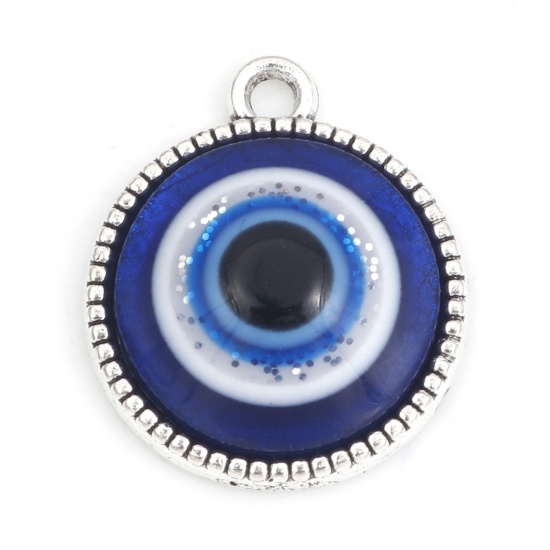 Imagen de Zamak Religión Colgantes Charms Ronda Plata Antigua Azul Mal de ojo Con Cabochons de la Resina 19.5mm x 16.5mm, 10 Unidades