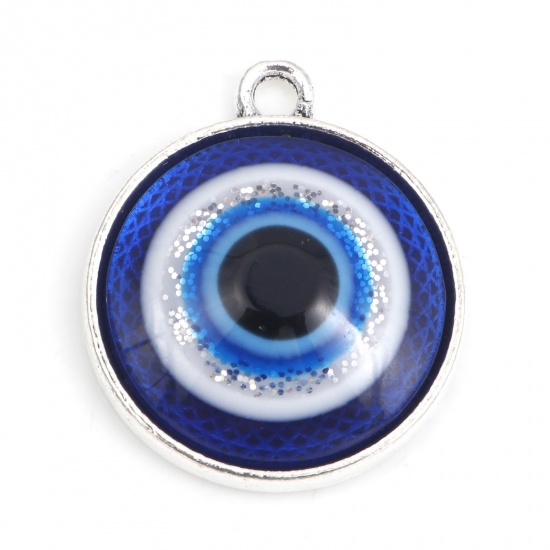 Imagen de Zamak Religión Colgantes Charms Ronda Plata Antigua Azul Mal de ojo Con Cabochons de la Resina 24mm x 20mm, 10 Unidades