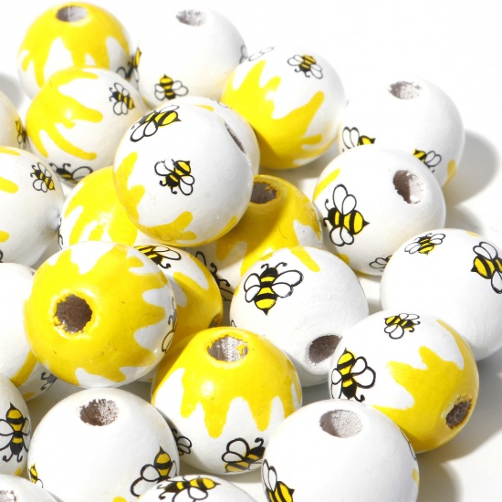 Imagen de Madera Insecto Espaciador Cuentas Ronda Amarillo Abeja Patrón Aprox 16mm Dia, Agujero: Aprox 3.6mm, 20 Unidades