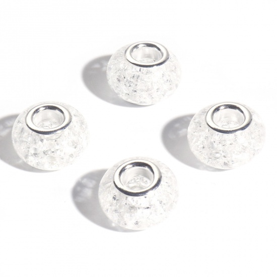 Bild von Harz Charm-Perlen mit großem Loch im europäischen Stil Weiß Rund Crackle 14mm D., Loch: Ca. 4.6mm, 20 Stück