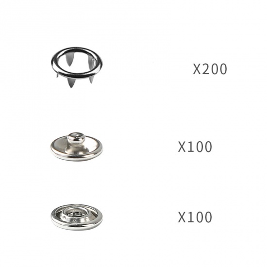 Picture of Iron Based Alloy Five Claw Buckle Clamp Set Metal Buckle For Making Shoe Bag Belt Hole Snap Button Silver Tone 1 Set(100 Pcs/Set)