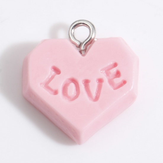Bild von Harz Valentinstag Charms Schokolade Herz Message " LOVE " Silberfarbe Rosa 18mm x 16mm, 10 Stück