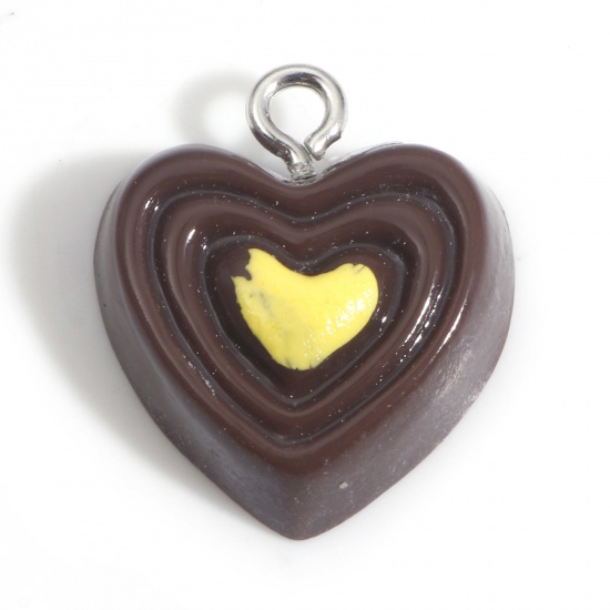 Bild von Harz Valentinstag Charms Schokolade Herz Silberfarbe Kaffeebraun 18mm x 16mm, 10 Stück