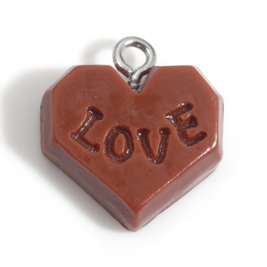 Bild von Harz Valentinstag Charms Schokolade Herz Message " LOVE " Silberfarbe Braun 18mm x 16mm, 10 Stück