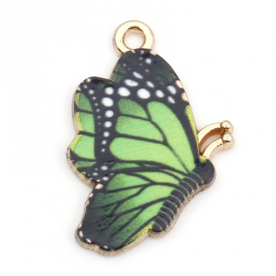 Bild von Zinklegierung Insekt Charms Schmetterling Vergoldet Grün Emaille 27mm x 19mm, 10 Stück