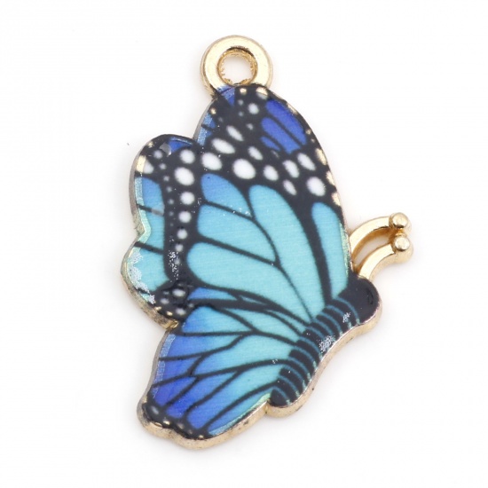Bild von Zinklegierung Insekt Charms Schmetterling Vergoldet Blau Emaille 27mm x 19mm, 10 Stück
