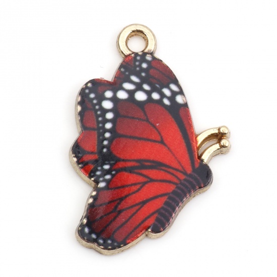 Bild von Zinklegierung Insekt Charms Schmetterling Vergoldet Rot Emaille 27mm x 19mm, 10 Stück