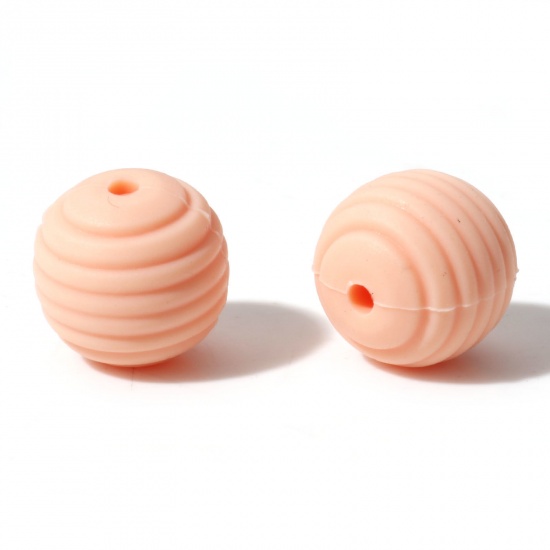 Bild von Silikon Perlen Rund Orange Rosa Gewinde Muster 14mm D., Loch: 2mm, 10 Stück