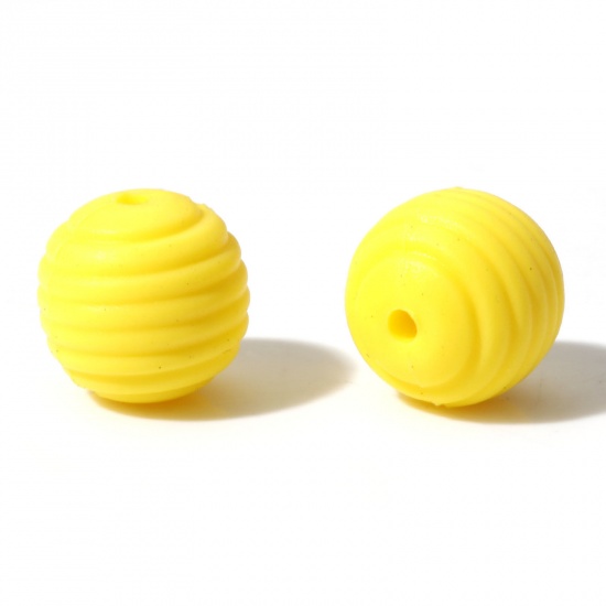 Bild von Silikon Perlen Rund Gelb Gewinde Muster 14mm D., Loch: 2mm, 10 Stück