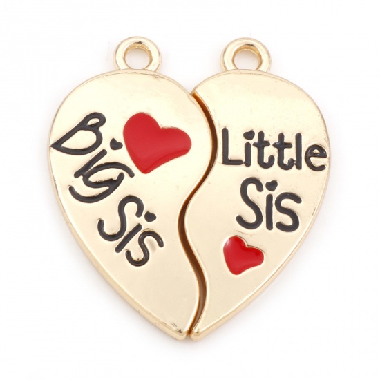 Picture of Zinc Based Alloy Best Friends Charms Gold Plated Red Broken Heart Message " Big Sister & Little Sister " Enamel 28mm x 24mm, 10 Pairs