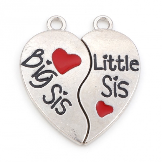 Picture of Zinc Based Alloy Best Friends Charms Silver Tone Red Broken Heart Message " Big Sister & Little Sister " Enamel 28mm x 24mm, 10 Pairs