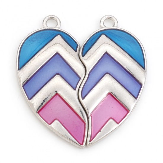 Picture of Zinc Based Alloy Best Friends Pendants Silver Tone Multicolor Broken Heart Stripe Enamel 3cm x 2.7cm, 10 Pairs