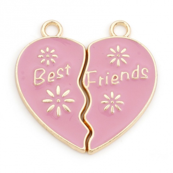 Picture of Zinc Based Alloy Best Friends Pendants Gold Plated Pink Broken Heart Message " BEST FRIENDS " Enamel 3.1cm x 3cm, 10 Pairs