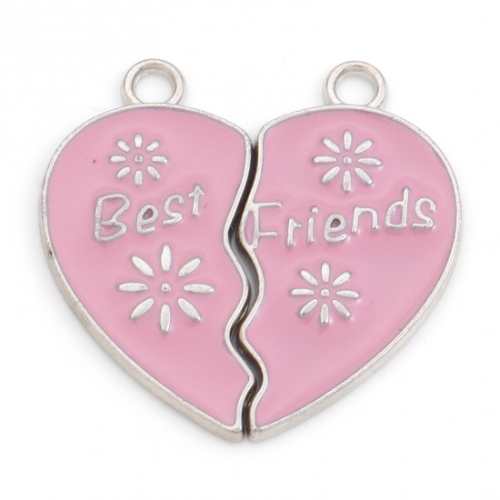 Picture of Zinc Based Alloy Best Friends Pendants Silver Tone Pink Broken Heart Message " BEST FRIENDS " Enamel 3.1cm x 3cm, 10 Pairs