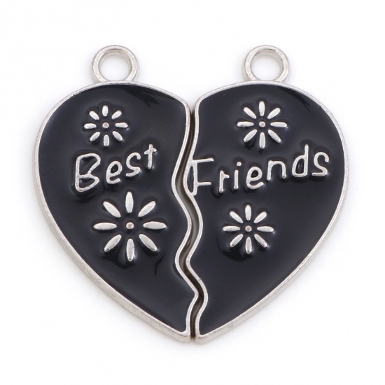 Picture of Zinc Based Alloy Best Friends Pendants Silver Tone Black Broken Heart Message " BEST FRIENDS " Enamel 3.1cm x 3cm, 10 Pairs
