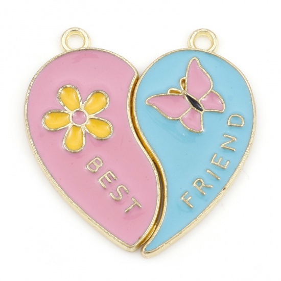 Picture of Zinc Based Alloy Best Friends Pendants Gold Plated Blue & Pink Broken Heart Butterfly Message " BEST FRIENDS " Enamel 3.2cm x 3.1cm, 10 Pairs