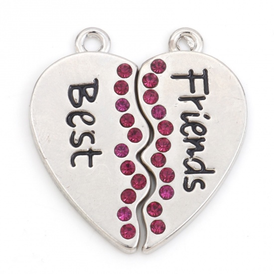 Picture of Zinc Based Alloy Best Friends Pendants Silver Tone Broken Heart Message " BEST FRIENDS " Fuchsia Rhinestone 3.1cm x 2.8cm, 10 Pairs