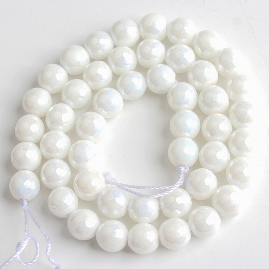 Bild von Stein ( Elektroplattiert ) Perlen Rund Weiß Facettiert ca. 8mm D., 40cm - 38cm lang, 1 Strang (ca. 47 Stück/Strang)