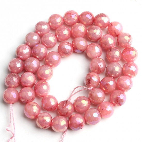 Bild von Stein ( Elektroplattiert ) Perlen Rund Rosa Facettiert ca. 8mm D., 40cm - 38cm lang, 1 Strang (ca. 47 Stück/Strang)