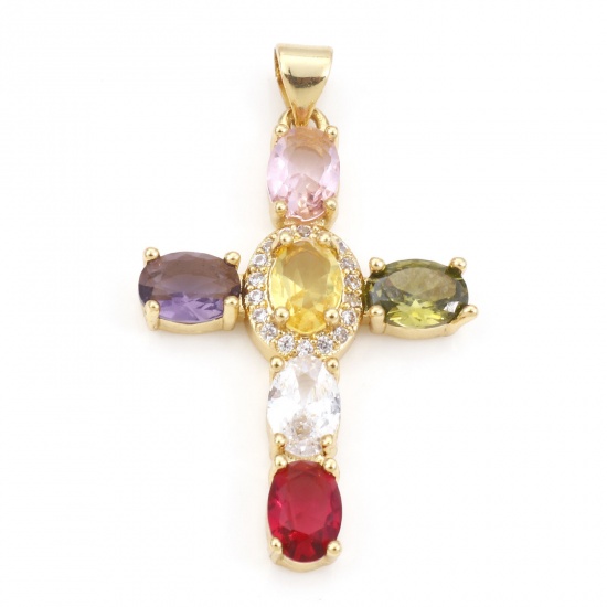 Immagine di Rame Religione Ciondoli Oro Placcato Croce Micro Spianare Multicolore Cubic Zirconiae 3.9cm x 2.3cm, 1 Pz