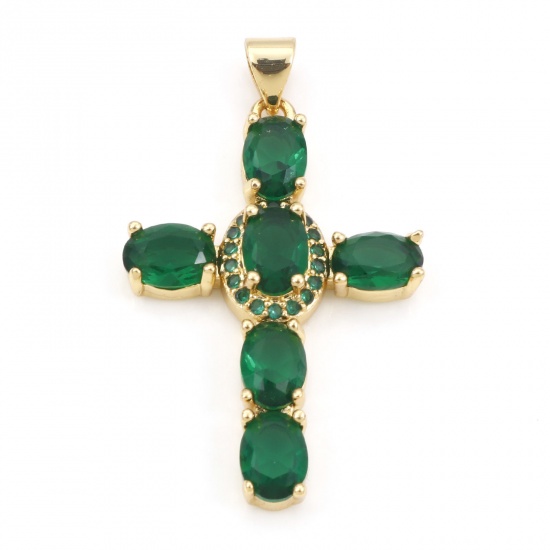 Immagine di Rame Religione Ciondoli Oro Placcato Croce Micro Spianare Verde Cubic Zirconiae 3.9cm x 2.3cm, 1 Pz
