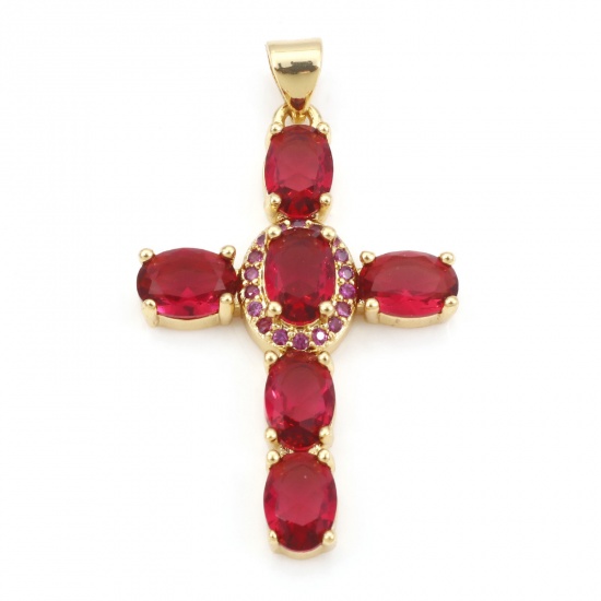 Immagine di Rame Religione Ciondoli Oro Placcato Croce Micro Spianare Rosso Prugna Cubic Zirconiae 3.9cm x 2.3cm, 1 Pz