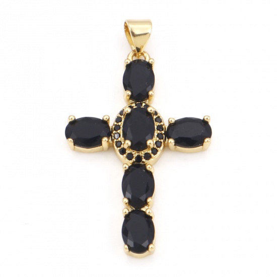 Immagine di Rame Religione Ciondoli Oro Placcato Croce Micro Spianare Nero Cubic Zirconiae 3.9cm x 2.3cm, 1 Pz