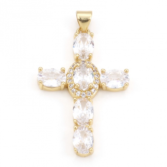 Immagine di Rame Religione Ciondoli Oro Placcato Croce Micro Spianare Trasparente Cubic Zirconiae 3.9cm x 2.3cm, 1 Pz