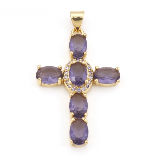 Immagine di Rame Religione Ciondoli Oro Placcato Croce Micro Spianare Viola Cubic Zirconiae 3.9cm x 2.3cm, 1 Pz