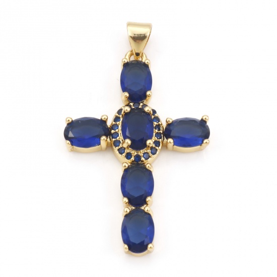 Immagine di Rame Religione Ciondoli Oro Placcato Croce Micro Spianare Blu Scuro Cubic Zirconiae 3.9cm x 2.3cm, 1 Pz