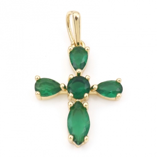 Bild von Kupfer Religiös Anhänger Vergoldet Kreuz Grün Kubischer Zirkon 3.2cm x 1.9cm, 1 Stück