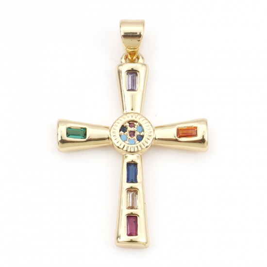 Bild von Kupfer Religiös Anhänger Vergoldet Kreuz Micro Pave Bunt Kubischer Zirkon 3.3cm x 2.1cm, 1 Stück