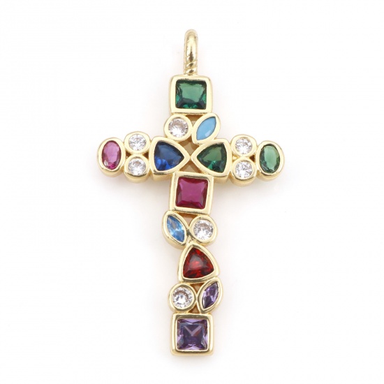 Bild von Kupfer Religiös Anhänger Vergoldet Kreuz Bunt Kubischer Zirkon 3.2cm x 1.8cm, 1 Stück
