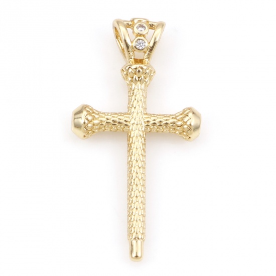 Bild von Kupfer Religiös Charms Vergoldet Kreuz Klar Kubischer Zirkon 26mm x 13.5mm, 1 Stück