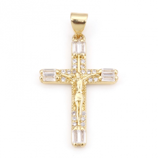 Bild von Kupfer Religiös Anhänger Vergoldet Kreuz Micro Pave Klar Kubischer Zirkon 3.3cm x 1.8cm, 1 Stück