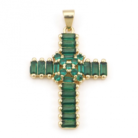 Bild von Kupfer Religiös Anhänger Vergoldet Kreuz Grün Kubischer Zirkon 3.5cm x 2.2cm, 1 Stück