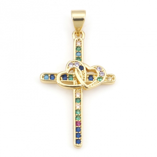 Bild von Kupfer Religiös Anhänger Vergoldet Kreuz Herz Micro Pave Bunt Kubischer Zirkon 3.3cm x 1.7cm, 1 Stück