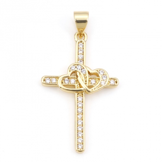 Bild von Kupfer Religiös Anhänger Vergoldet Kreuz Herz Micro Pave Klar Kubischer Zirkon 3.3cm x 1.7cm, 1 Stück