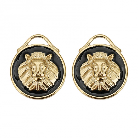 Picture of 304 Stainless Steel Charms Gold Plated Black Round Lion 20mm Dia., 1 Piece