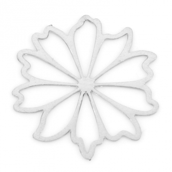 Bild von Eisenlegierung Filigran Stempel Verzierung Charms Silberfarbe Blumen Hohl 17mm x 17mm, 20 Stück