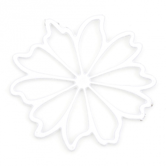 Bild von Eisenlegierung Filigran Stempel Verzierung Charms Weiß Blumen Hohl 17mm x 17mm, 20 Stück