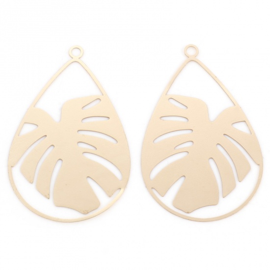 Bild von Eisenlegierung Filigran Stempel Verzierung Anhänger Tropfen KC Vergoldet Monstera Blatt Hohl 4.7cm x 3cm, 10 Stück