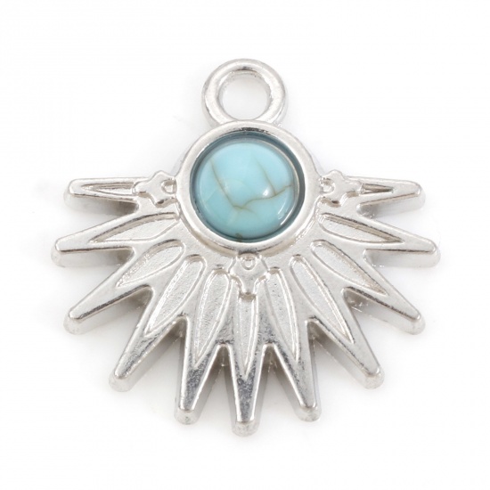 Picture of Zinc Based Alloy Boho Chic Bohemia Charms Silver Tone Sun Rays With Resin Cabochons Imitation Turquoise 20mm x 20mm, 10 PCs