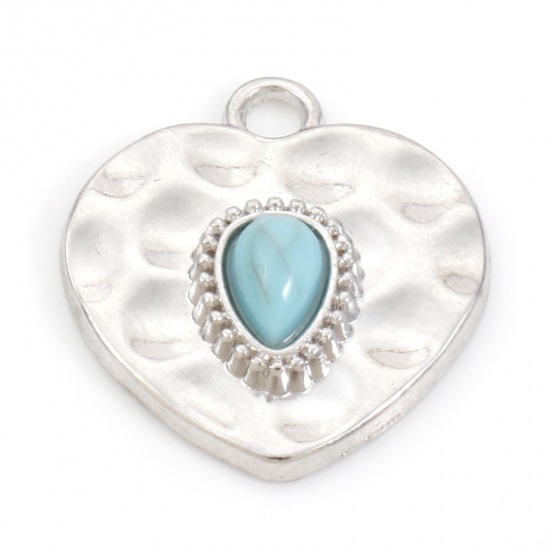Picture of Zinc Based Alloy Boho Chic Bohemia Charms Silver Tone Heart With Resin Cabochons Imitation Turquoise 20mm x 18mm, 10 PCs