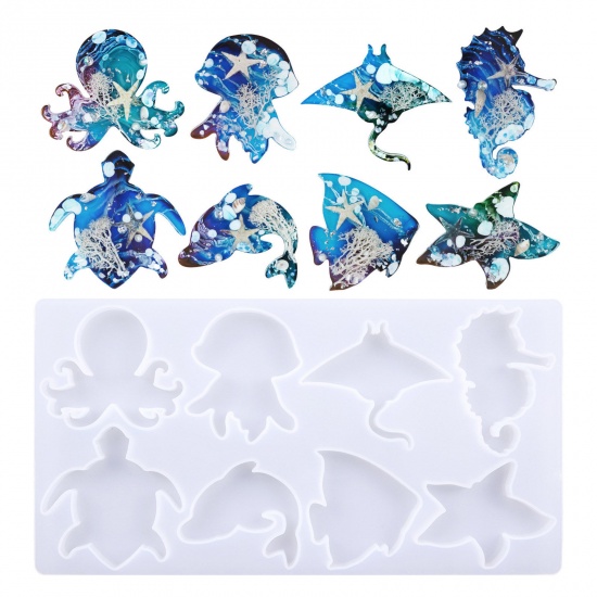 Picture of Silicone Ocean Jewelry Resin Mold For Keychain Necklace Earring Pendant Jewelry DIY Making White 25.7cm x 13.4cm, 1 Piece