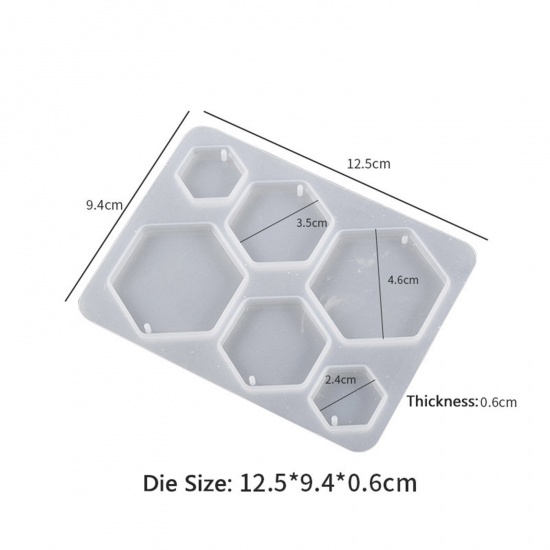 Bild von Silikon Geometrie Serie Harzform für Schlüsselanhänger, Halskette, Ohrring, Anhänger, Schmuck, DIY-Herstellung Hexagon Weiß 12.5cm x 9.4cm, 1 Stück