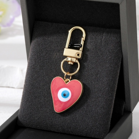 Bild von Einfach Schlüsselkette & Schlüsselring Vergoldet Rot Herz Böser Blick Evil Eye Emaille 5.7cm x 2.3cm, 1 Stück