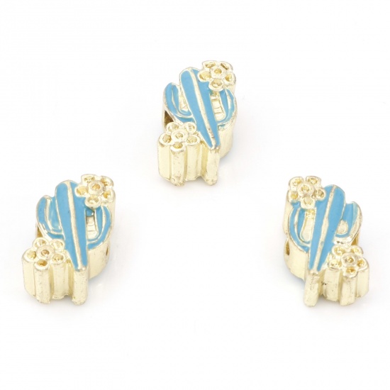 Bild von Zinklegierung Charm-Perlen mit großem Loch im europäischen Stil Vergoldet Kaktus Emaille 14mm x 12mm, Loch: Ca. 4mm, 5 Stück