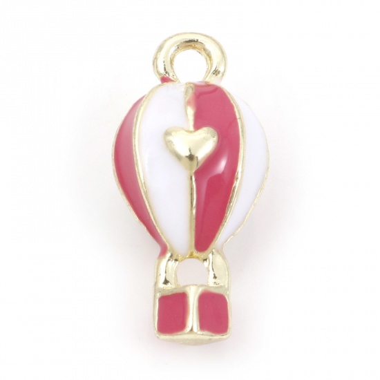Picture of Zinc Based Alloy Travel Charms Gold Plated Pink Fire Balloon Heart Enamel 19mm x 9mm, 5 PCs